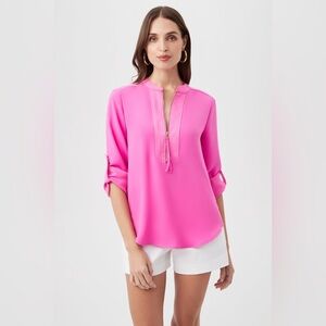 Trina Turk Kaiko 3/4-Sleeve Half-Zip Top in Snapdragon Pink, size XS